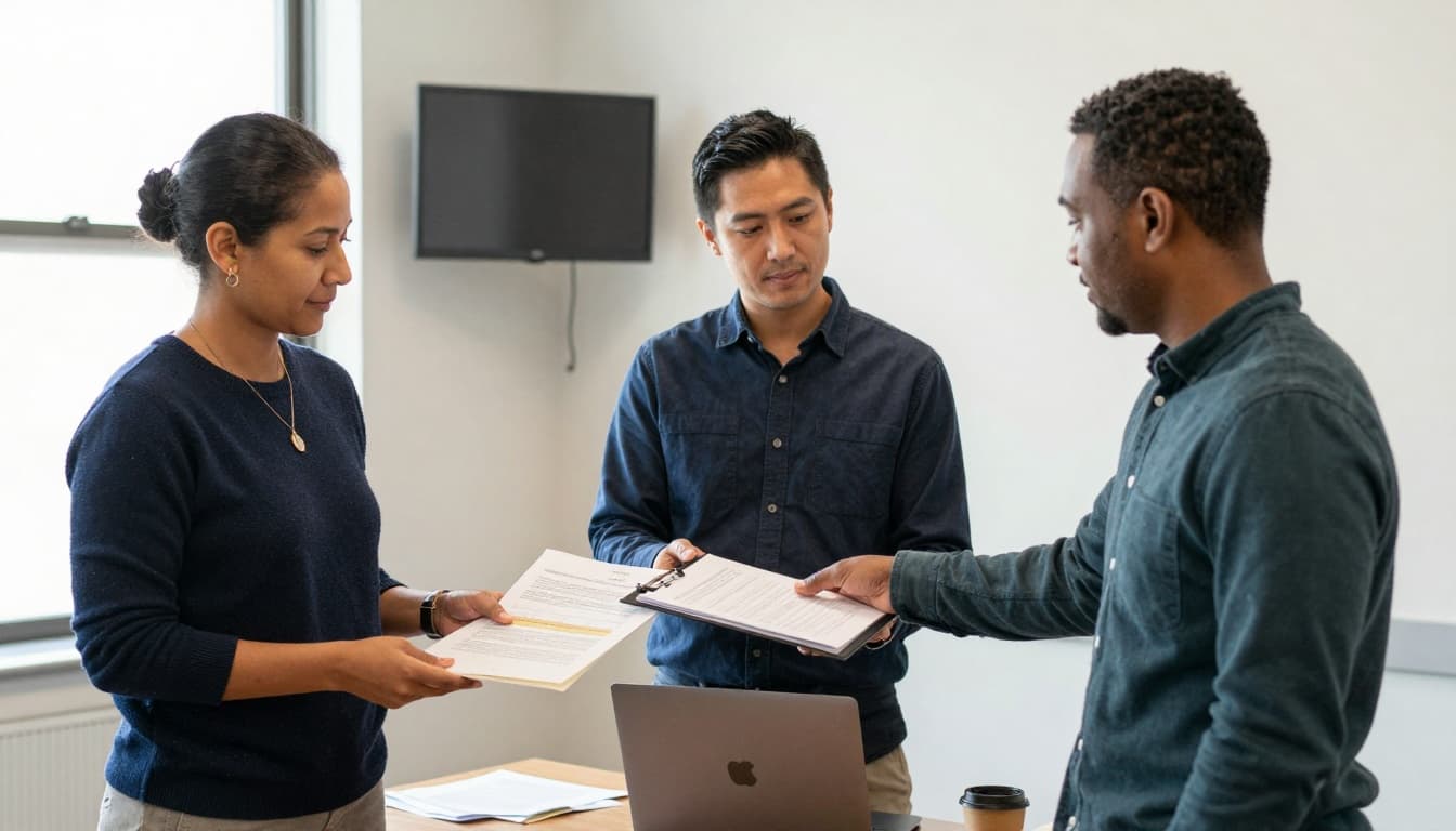 Two professionals from justice nonprofits carefully exchange a folder of referral case documents in a small conference room, embodying calm and focused collaboration with a nearby laptop displaying a status tracker.