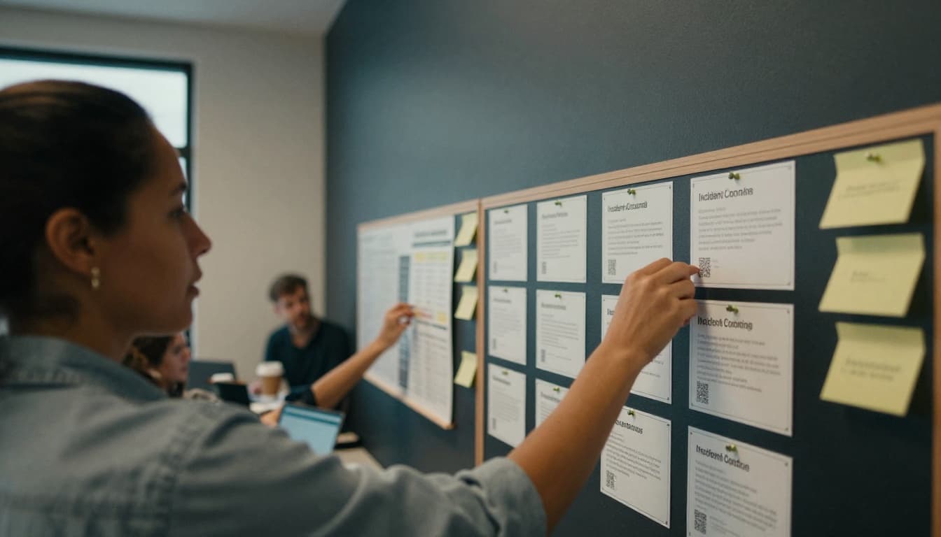 Over-the-shoulder view of a nonprofit leader in a community workspace pinning simple role cards to a wall board to outline an incident command structure, with team members in the background discussing priorities and marking up an org chart.
