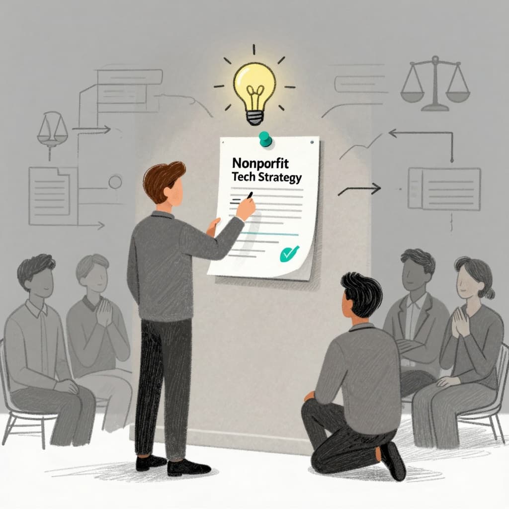 Minimalist sketch-style illustration of a nonprofit leader pinning a one-page tech strategy to a wall, with lightbulbs and checkmarks activating ideas, team members nodding in agreement, and data streamlining from chaos to order.
