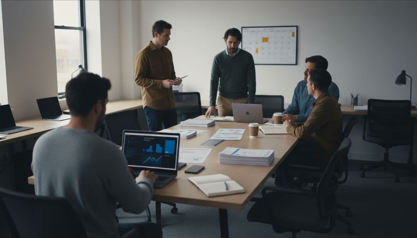 A nonprofit leader examines a blurred security metrics dashboard on a laptop in a small office, while the team discusses outcomes around a table with turned-away printed reports and a subtly marked 90-day calendar. The calm, focused atmosphere evokes modern New England innovation in a documentary style.