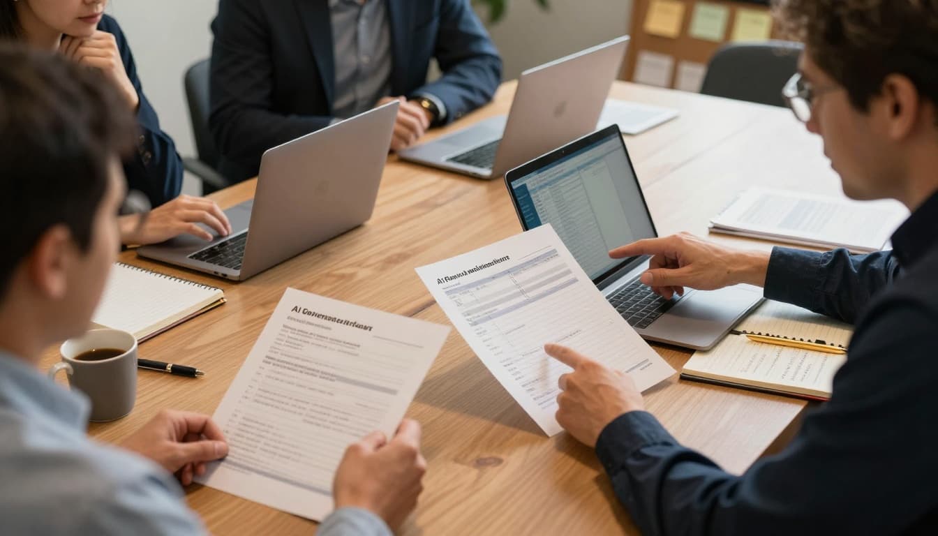 Nonprofit leaders reviewing AI governance materials in a conference room