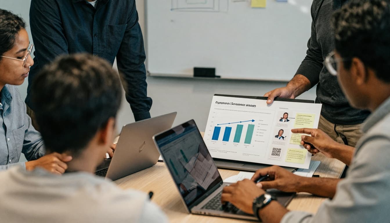 In a calm conference room bathed in soft natural light, nonprofit leaders collaborate over printed charts and notes, analyzing cybersecurity metrics like MFA coverage and detection times to enhance client safety.