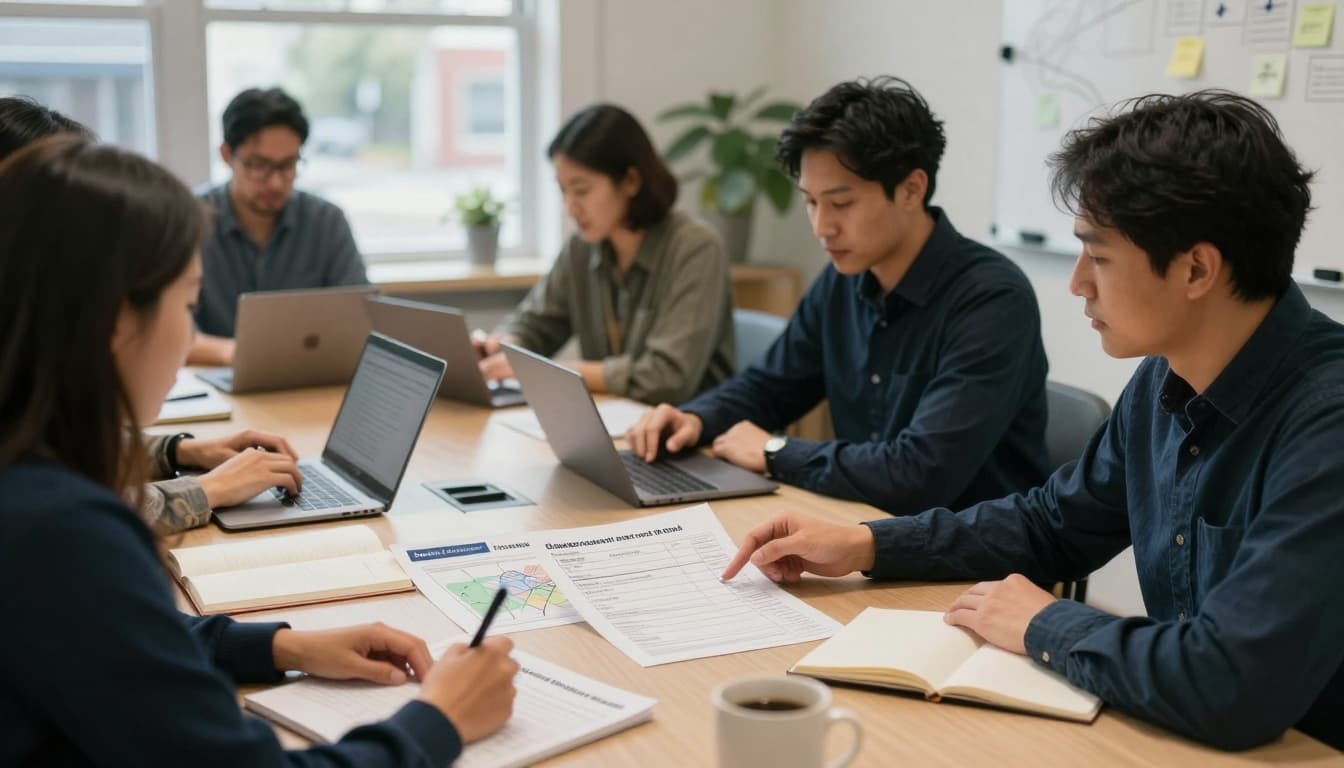 A small group of nonprofit leaders sits around a conference table in a modest office, intently reviewing printed checklists and an ownership map for disaster recovery of online forms and portals, with one pointing to priorities while others take notes.