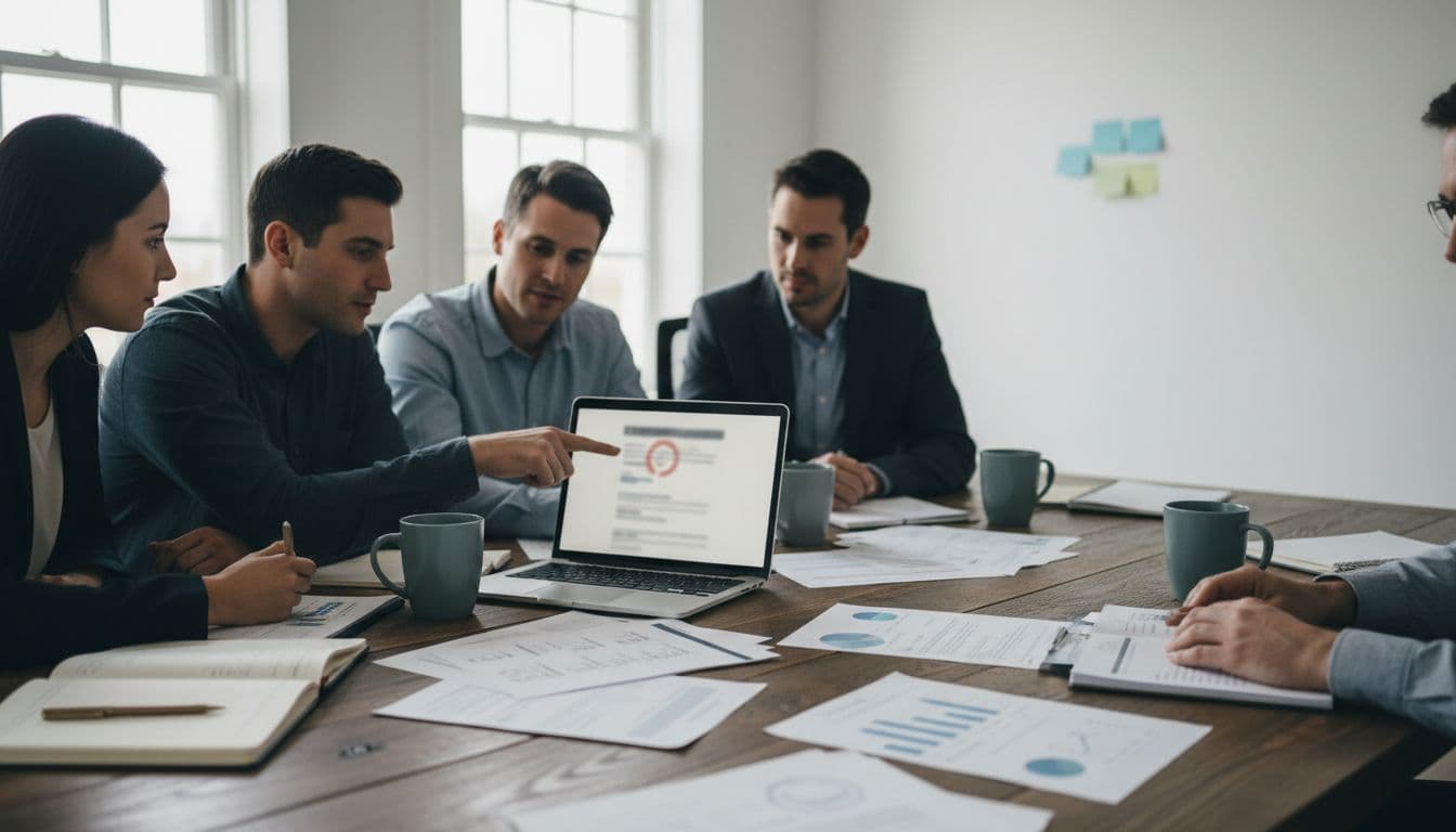 A small group of legal aid nonprofit leaders collaborates in a softly lit conference room, one pointing over-the-shoulder at a suspicious phishing email on a laptop screen while others examine printed grant documents and cybersecurity checklists for client data protection.