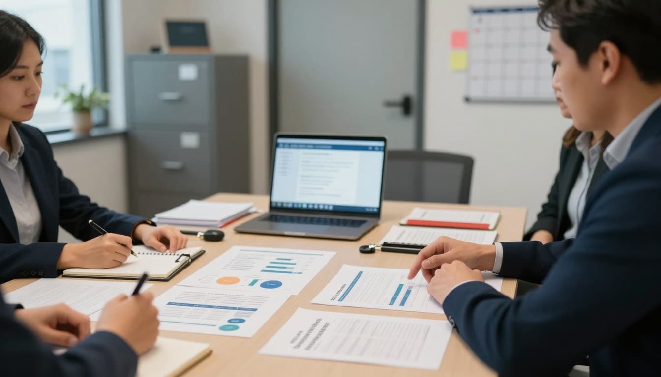 Photo-realistic editorial image of nonprofit leaders in a calm, focused meeting reviewing blurred privacy reports, charts, and dashboards in a secure modern office.