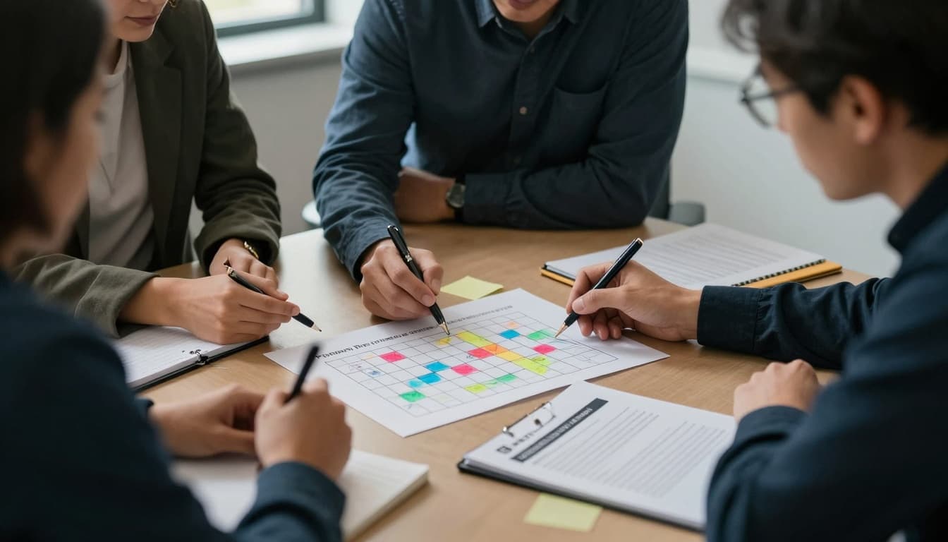 A team from a justice nonprofit conducts a systems inventory workshop in a small office, reviewing a simple risk matrix on paper and marking high-risk areas related to privacy and data flows. The calm, focused scene captures resilient collaboration with soft natural light and clean composition.