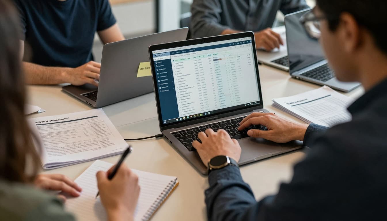 Staff from a justice nonprofit conduct a focused SaaS inventory audit in a small community workspace office, using laptops and paper notes in a calm, documentary-style scene with soft natural lighting.