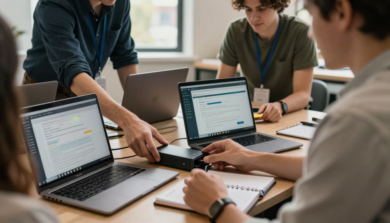 In a small sunlit office, nonprofit staff collaboratively recover from a data breach: one connects a backup drive to re-image a laptop, another validates MFA and reviews logs on a secure device, and a third documents changes in a logbook.