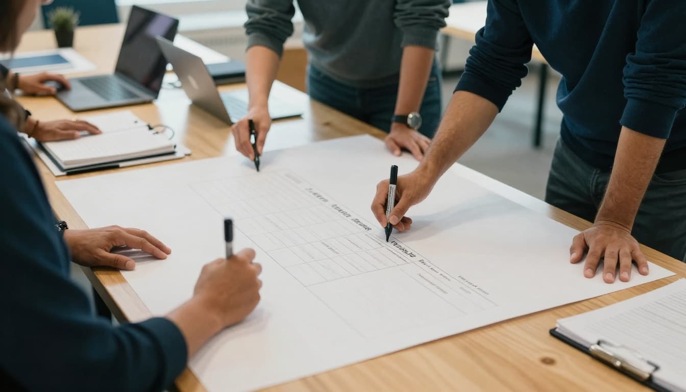 In a quiet community workspace bathed in soft natural light, nonprofit staff collaboratively build an ownership table for disaster recovery on large paper sheets, marking columns for system, owner, backup, vendor, and restore priority with focused hands using markers.