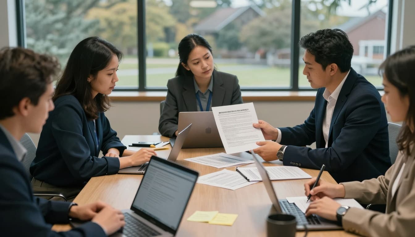 Nonprofit operations staff and counsel collaborate in a sunlit conference room, reviewing printed breach notification templates, privilege checklists, and client protection plans, with one highlighting a key section while others take notes.