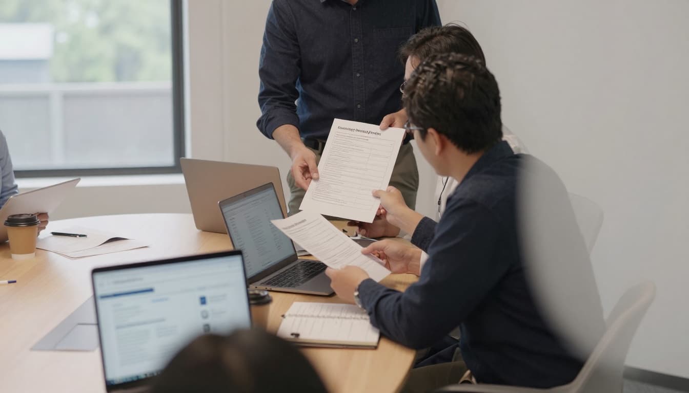 Nonprofit leaders reviewing a cybersecurity checklist together in a small conference room.