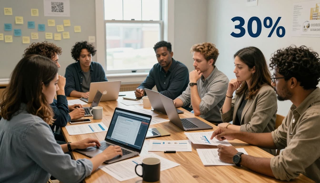 Nonprofit staff reviewing data reports together in a calm meeting