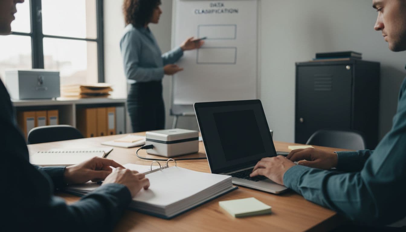 A small team at a justice-focused nonprofit collaboratively reviews and drafts a data governance policy in a calm conference room, with subtle cues of confidentiality like locked file boxes and privacy screens.