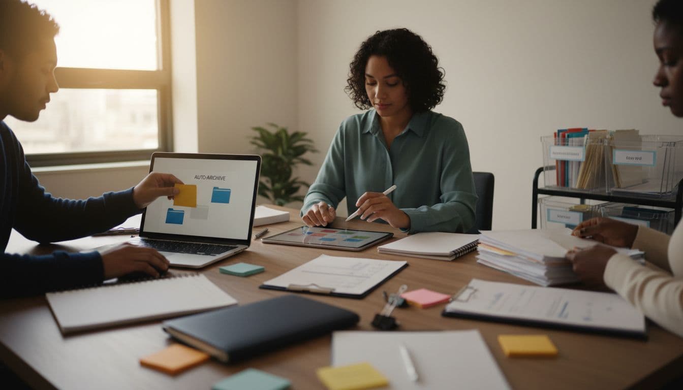 A small team of nonprofit staff in a calm conference room sets up a 45-day folder structure on a shared drive for grant audit readiness, focusing on practical document tagging, archiving, and organizing printouts.