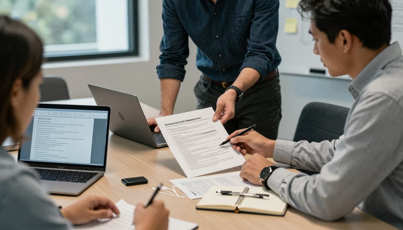 A small group of nonprofit professionals collaborates around a conference table, marking up a printed data breach response plan document while pointing to team roles and decision rights, with laptops and scattered papers nearby in a modern room bathed in soft natural light.