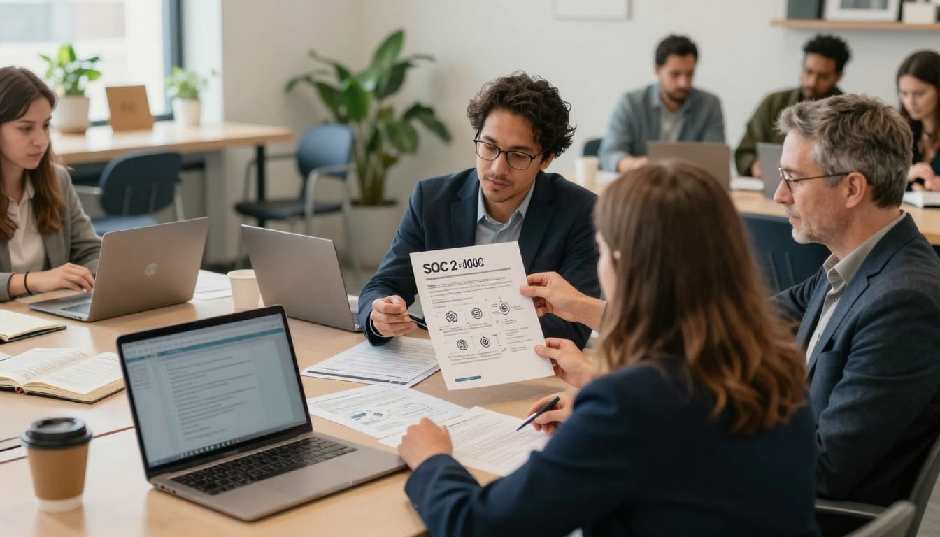 A small group of nonprofit executives and staff gathered in a bright community workspace, scrutinizing vendor security reports, encryption diagrams, and SOC 2 audit documents for an AI tool.