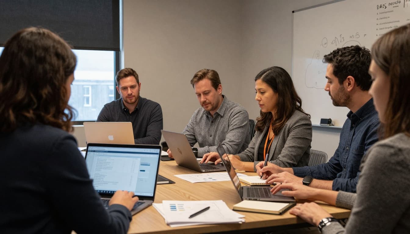A small team of nonprofit executive leaders and staff collaborates calmly in a modest conference room over laptops and documents, preparing a SaaS outage communications plan while viewing a simple status dashboard. The scene captures focused resilience with soft natural light and practical atmosphere.