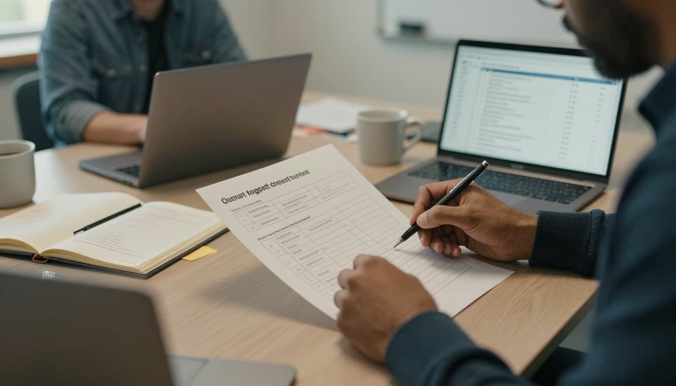 Hands sketching a one-page budget template on paper