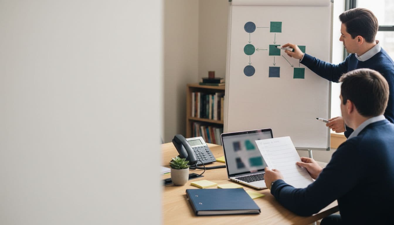 A small operations/CS team collaborates in a quiet conference room, reviewing a simple process map on a whiteboard, a printed checklist, and updating a secure laptop to fix drop-off points and streamline intake without redundant questions.