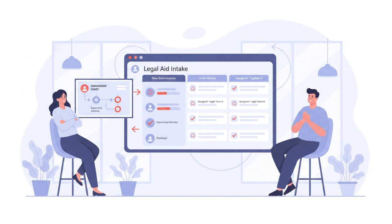 Modern illustration of a calm legal aid team efficiently handling a shared intake mailbox on a shared screen, featuring a clear ownership chart, smooth workflow icons, and clean office collaboration with red accents on success indicators.