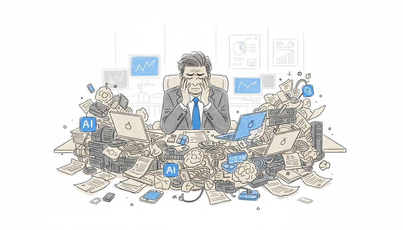 Overwhelmed CEO surrounded by chaotic technology devices and vendor papers at a cluttered desk, looking stressed. Image created with AI.