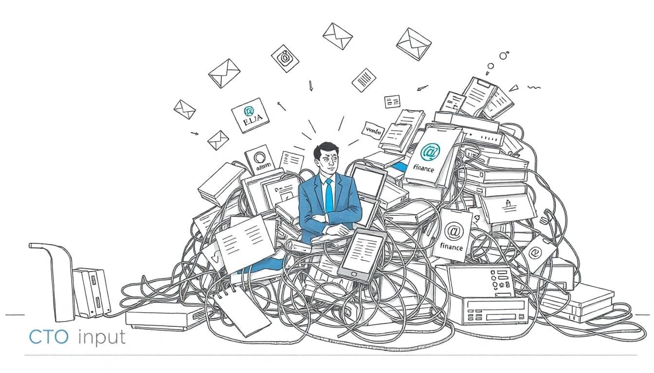 Overwhelmed executive at a chaotic tech desk surrounded by scattered software icons and cables