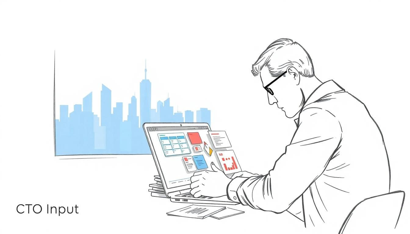 Illustration of a CEO hunched over a laptop full of Jira boards, while a city of opportunity sits ignored in the background