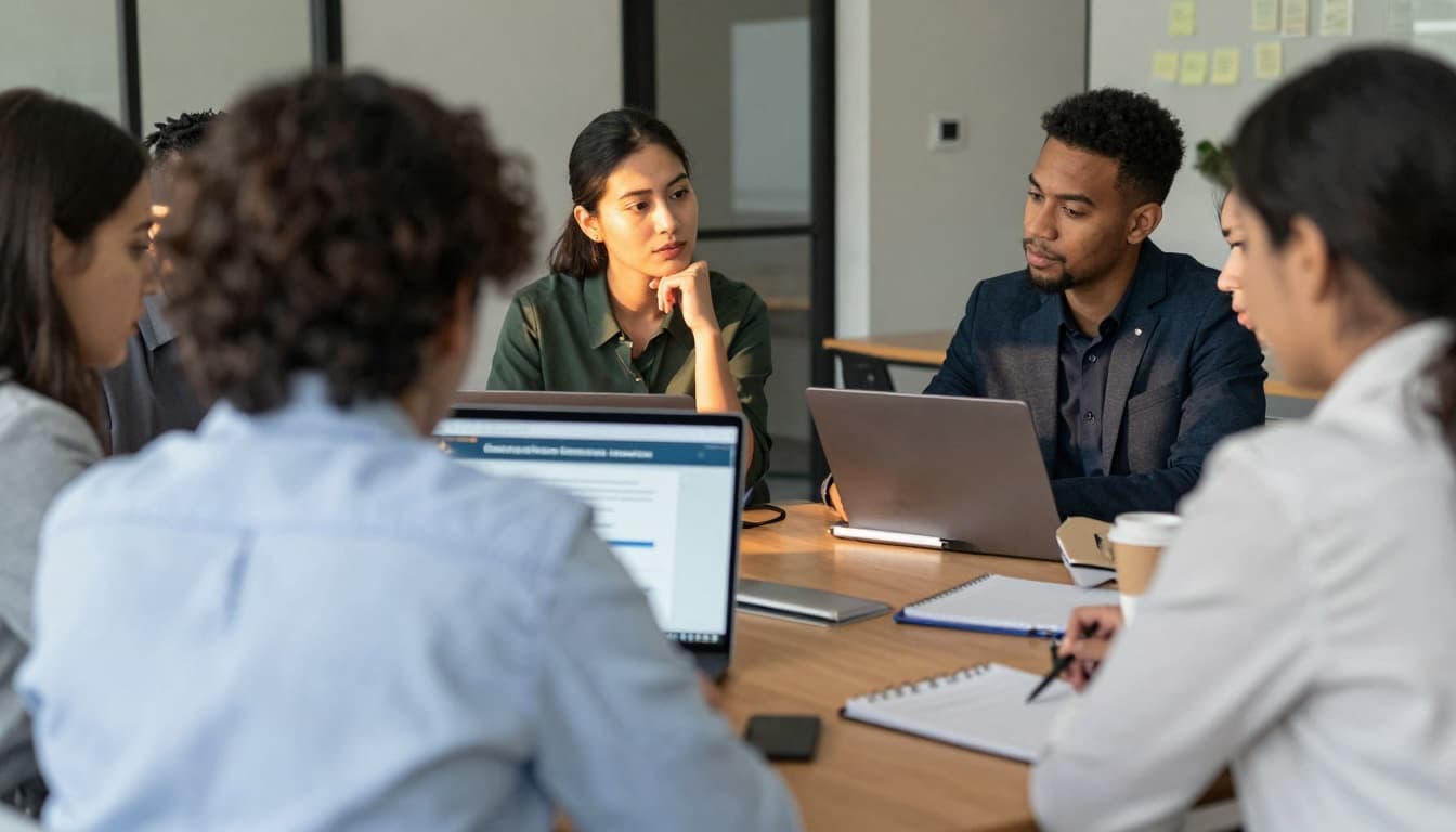 A small diverse group of legal nonprofit staff reviews a simulated phishing email on a laptop during a calm security awareness training session in a cozy, softly lit conference room with natural daylight.
