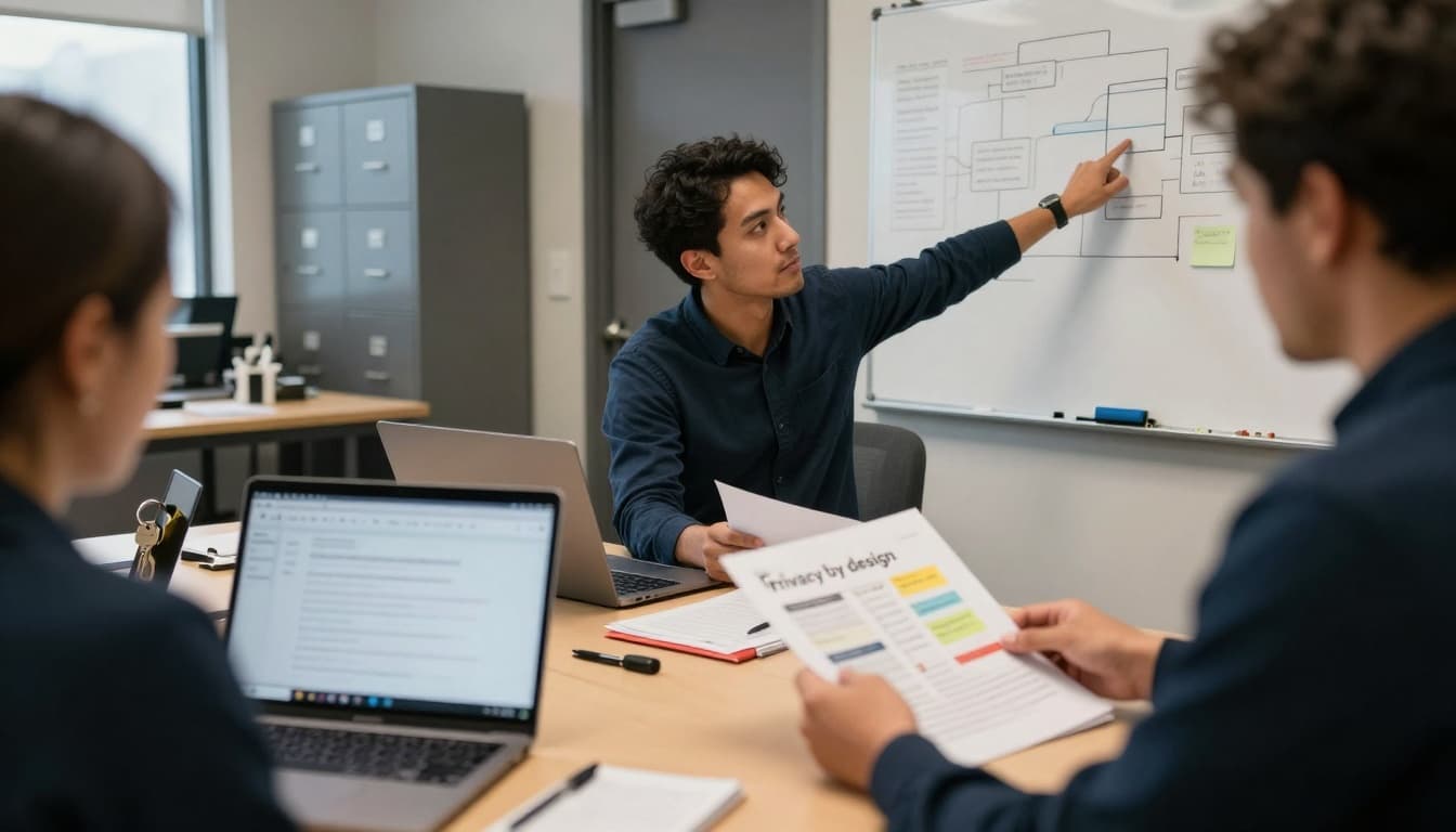 Over-the-shoulder view of a small justice nonprofit team reviewing workflow diagrams, privacy checklists, and whiteboard sketches in a calm modern office during a focused 'privacy by design' session.