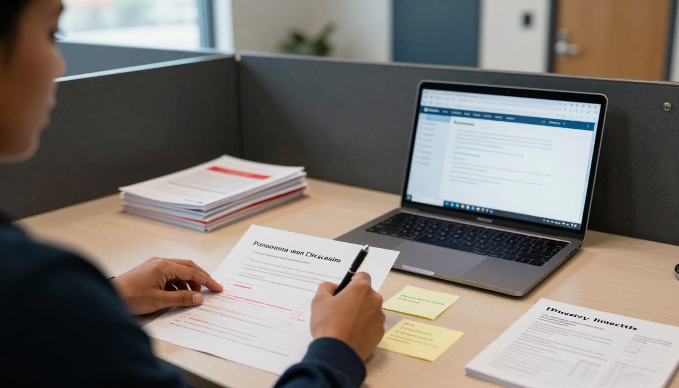 Over-the-shoulder shot of hands marking up a blurred intake form with redaction notes, privacy sticky notes, and checklists in a calm nonprofit workspace.