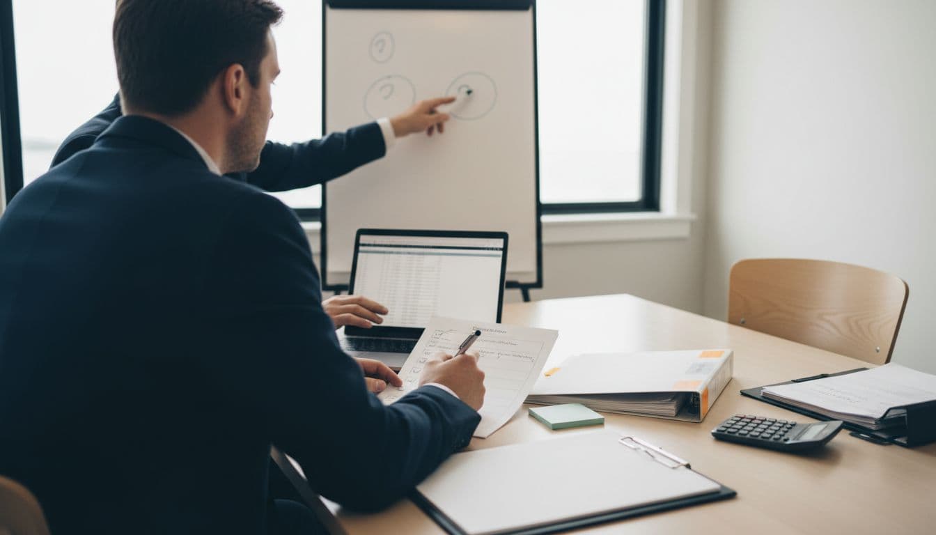 Over-the-shoulder view of a procurement manager and operations lead reviewing a quarterly vendor scorecard with printed metrics and a laptop in a modern New England office conference room, emphasizing calm, focused collaboration.