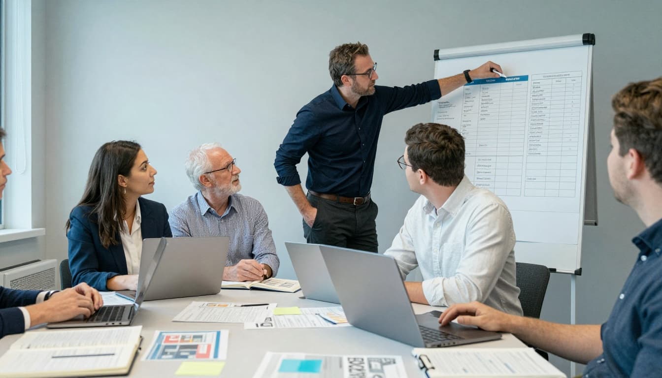 Professionals from program, finance, and IT gather in a modest training room, focused on decision points with charts, lists, and flipcharts under soft natural light.