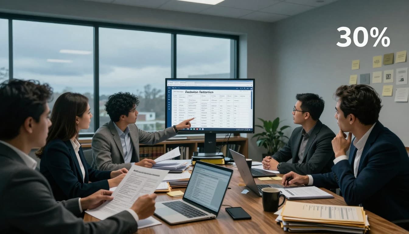 A small group of professionals reviews documents and laptops, sorting papers into keep and delete piles while making retention decisions for client files.