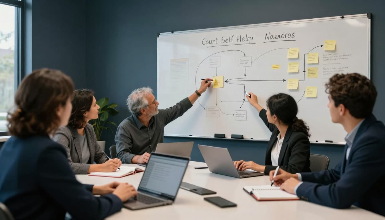 A small group of four professionals from court self-help, navigators, and partner organizations gathered around a conference table in a community workspace, collaboratively mapping a client journey on a large whiteboard with flow arrows and sticky notes, focusing on choke points in referral handoffs. The scene captures a calm, focused mood with soft natural light and subtle color accents.