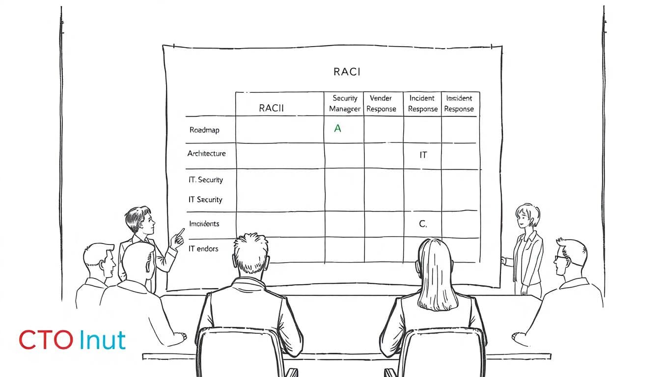 Leaders from IT, product, security, and vendors reviewing a RACI matrix on a large screen, roles clearly assigned