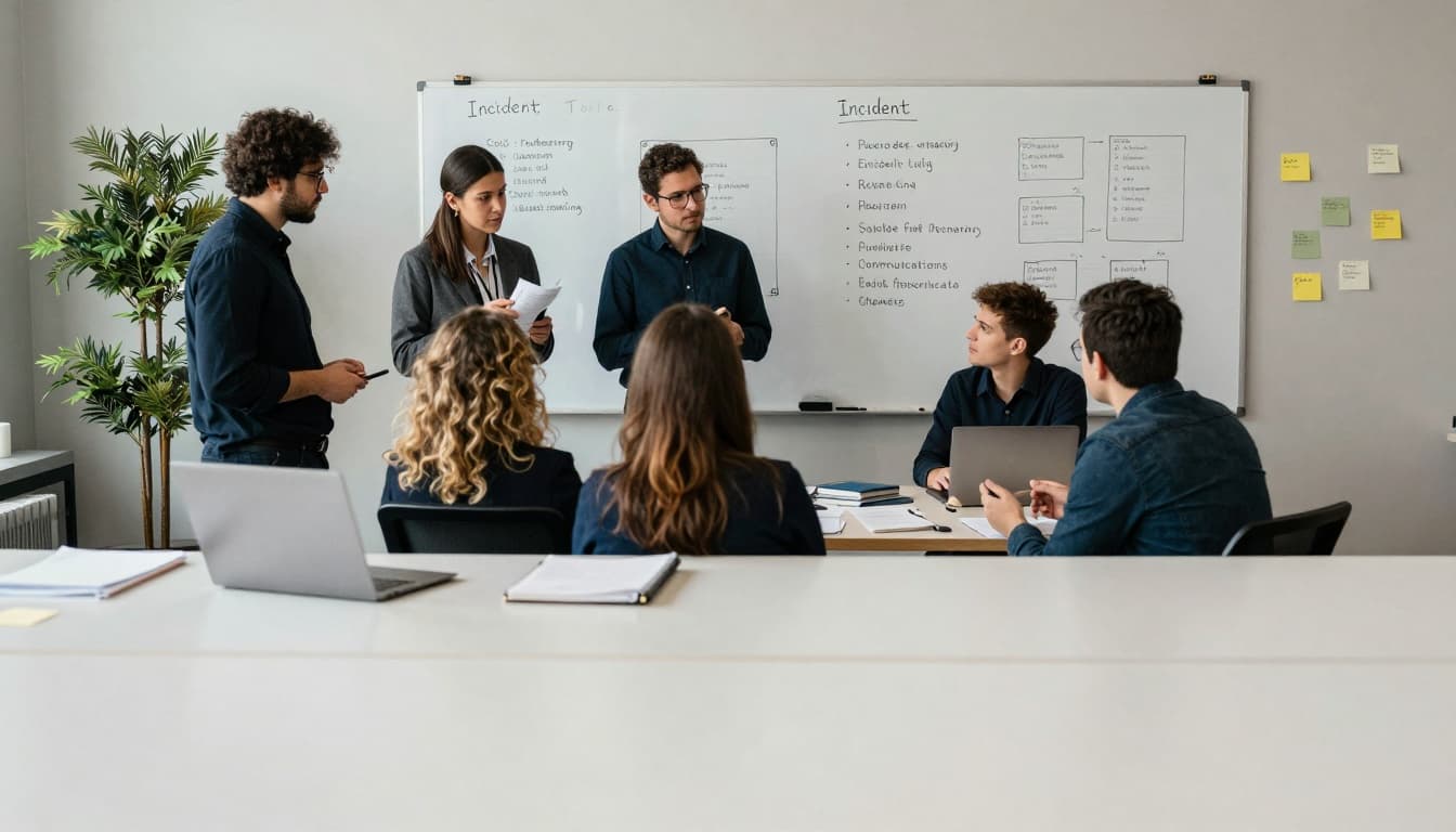 Staff in a modern community workspace huddle around a phone tree list and whiteboard, calmly discussing alternate communication channels during a ransomware outage, evoking a sense of focus, resilience, and practicality.