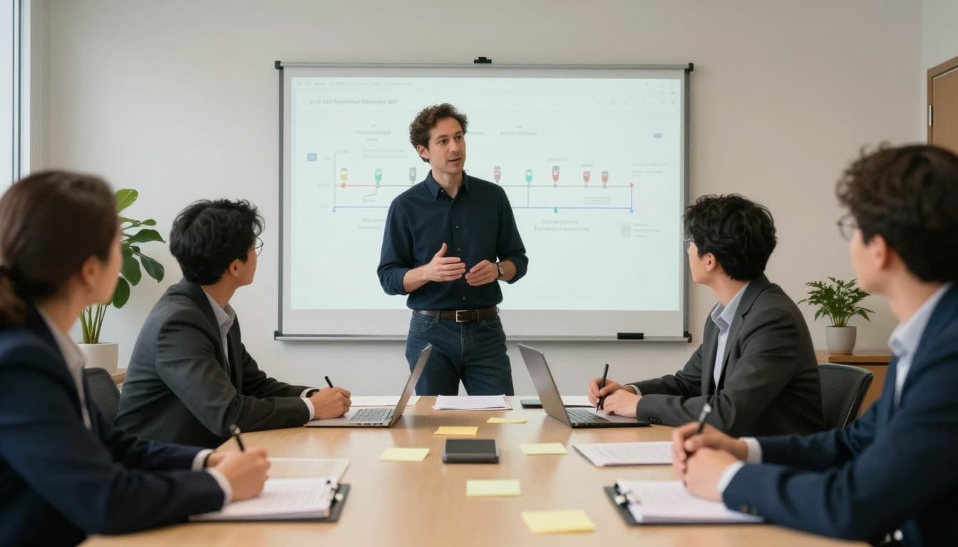 In a quiet nonprofit office training room, a facilitator stands at the head of the table presenting a timeline of injects on a flipchart during a ransomware tabletop exercise, with legal nonprofit leaders taking notes and discussing decision points in a calm, focused atmosphere.