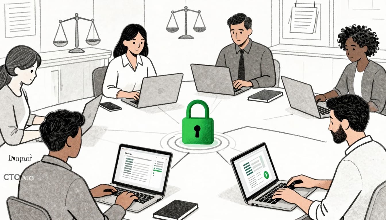 Minimalist sketch-style line art illustration of a diverse legal services team working remotely from home offices and field locations, with laptops showing secure document sharing and video calls, connected by subtle lines symbolizing collaboration, accented in bold green for security.