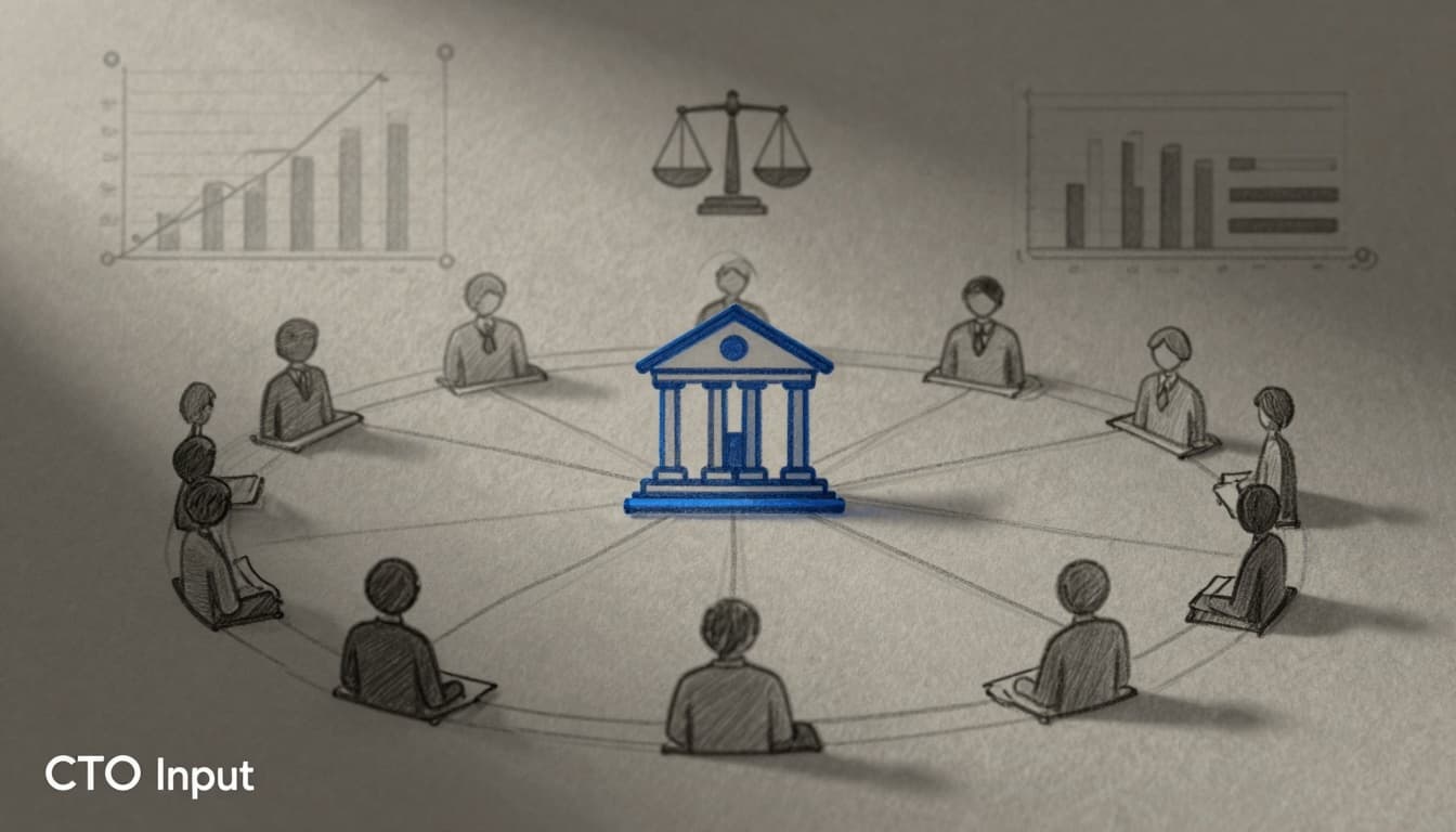 Illustration of restorative justice circle connected by data lines to courthouse and legal symbols