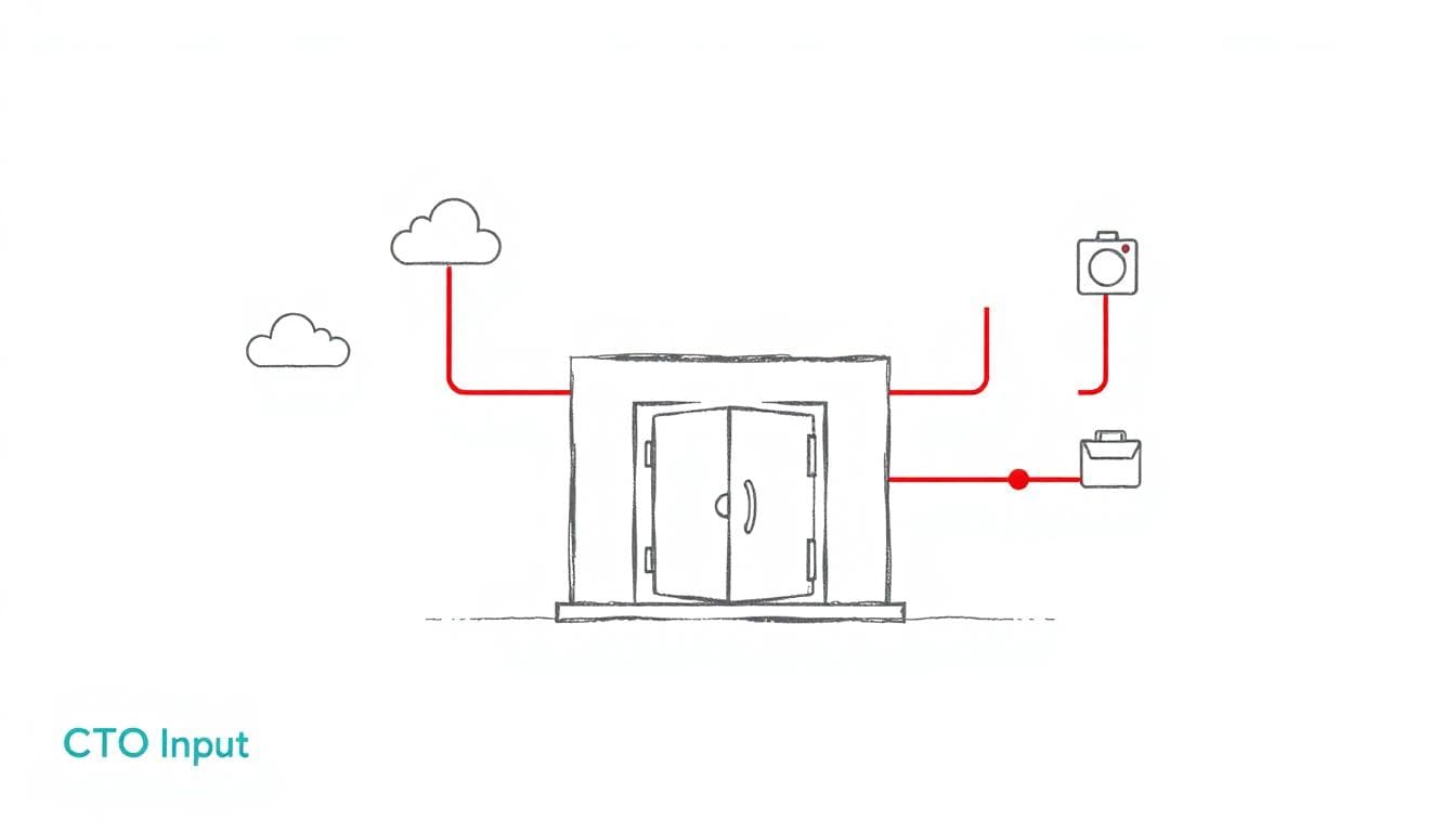 Minimalist illustration of a central company vault with red data streams flowing out to several vendor icons, showing data spreading beyond the core system. Image created with AI.
