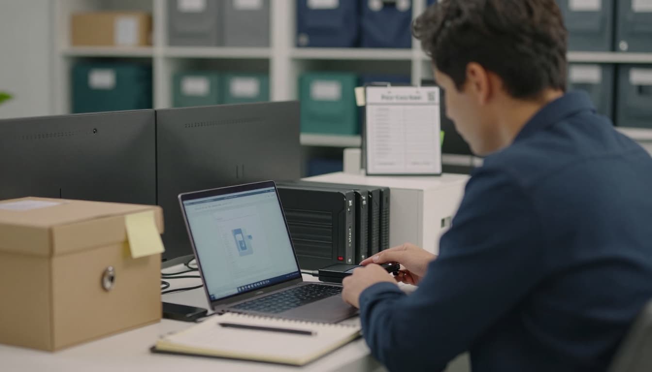 Operations staff in a quiet office workspace carefully recover client files from a departing employee's returned laptop and external drives, with one connecting a drive to a secure workstation and another documenting the process.