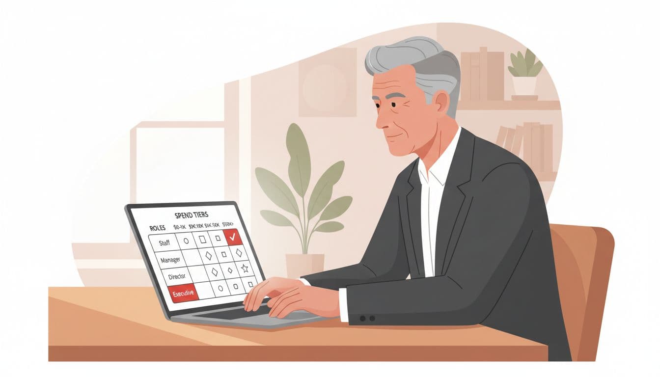 Modern illustration of a mid-50s senior executive in a nonprofit office reviewing a laptop screen showing a spending threshold matrix table with roles and spend tiers for quick decisions.