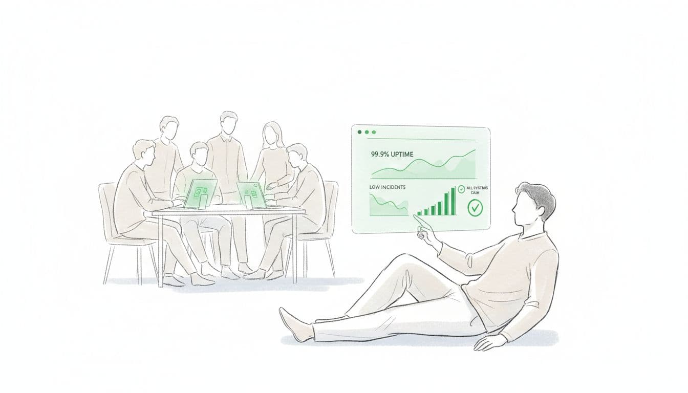 Relaxed executive viewing a clean dashboard of uptime and low incident volumes, created with AI