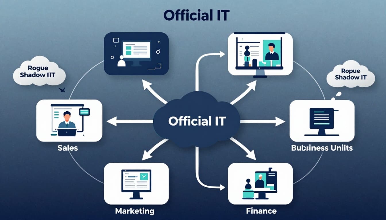 Diagram showing official IT in the center, business units around it, and shadow IT apps being pulled into a governed platform.