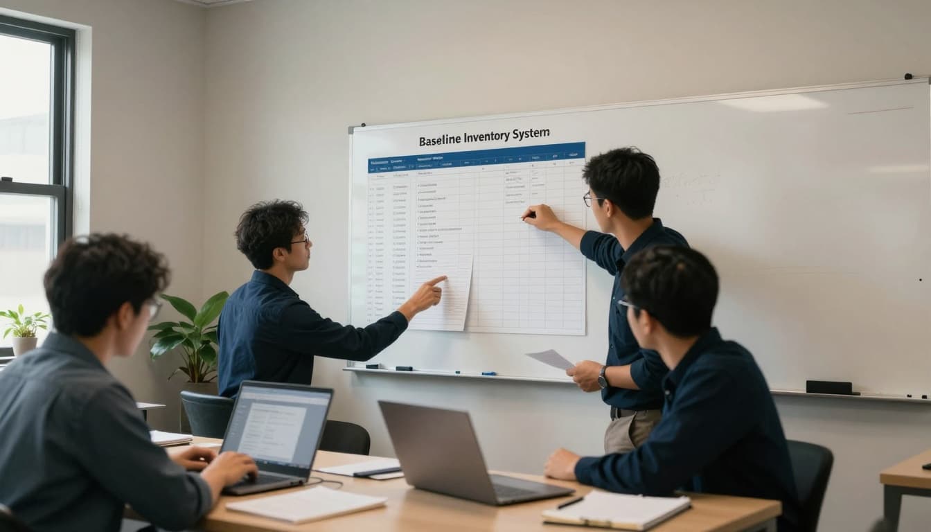 Operations staff building a systems inventory in a small office