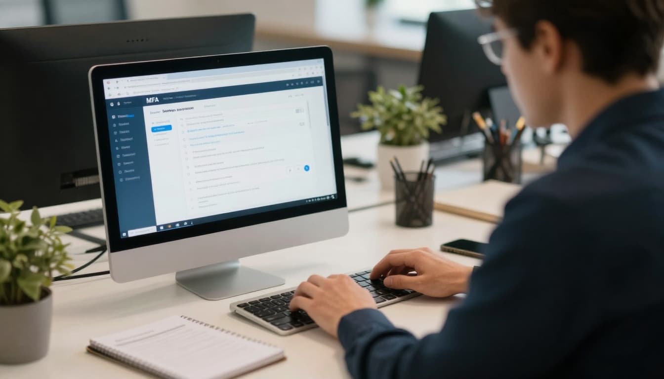 In a quiet small office, a staff member focuses on enabling multi-factor authentication (MFA) on their computer to secure high-impact accounts, captured in a photo-realistic documentary style with soft natural light.