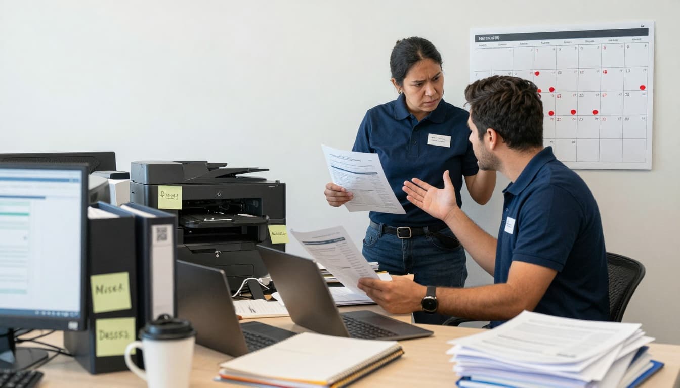 Staff sorting printed court notice emails and checking a busy calendar