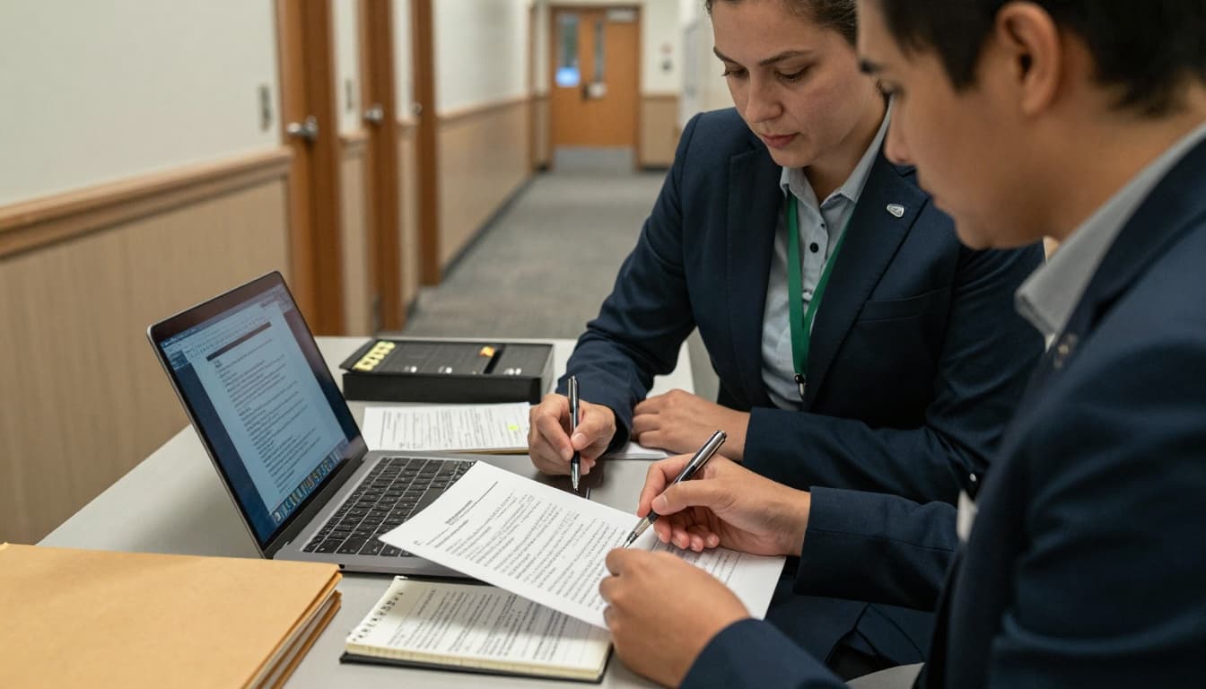 Two staff members calmly review an auto-generated client report from case notes in a courthouse hallway workspace, checking accuracy with printed documents and a privacy-filtered laptop nearby.