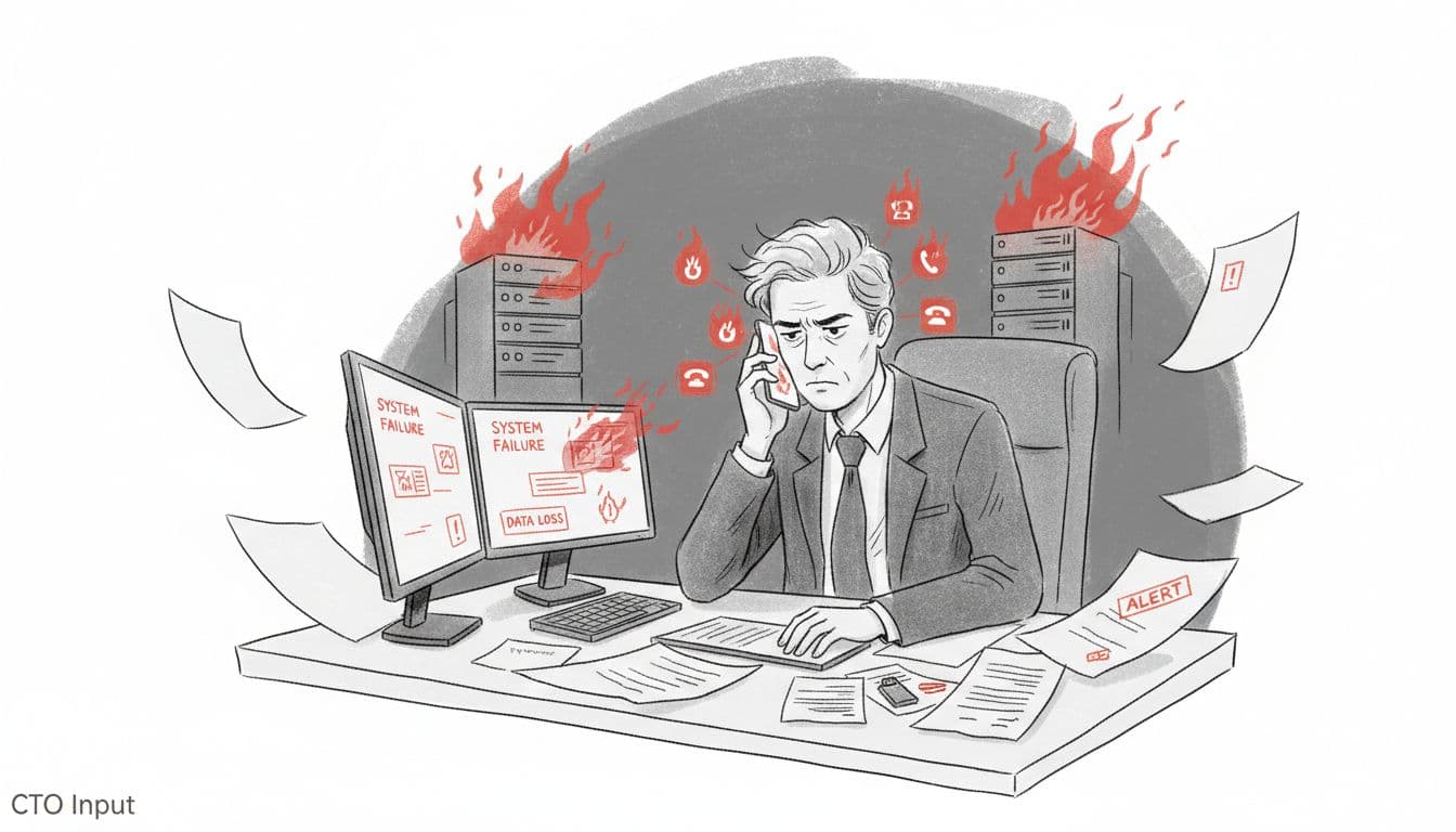Stressed CEO surrounded by chaotic error screens and ringing phones