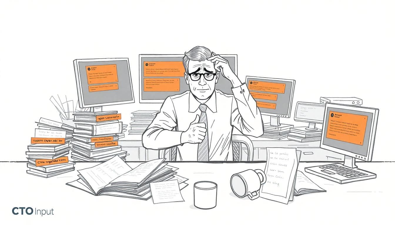 Stressed CEO at desk surrounded by urgent tech alerts